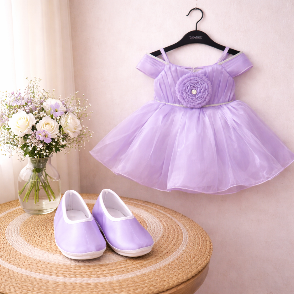 Beatiful Lavander Stain Frock with matching shoe Sleeves for Girls | Elegant Dress for Kids | Stylish Sleeveless frock